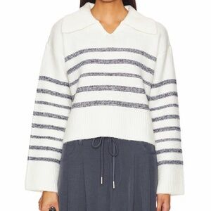 Steve Madden White Striped V-Neck Polo Collar Women's Cropped Sweater NWT Large